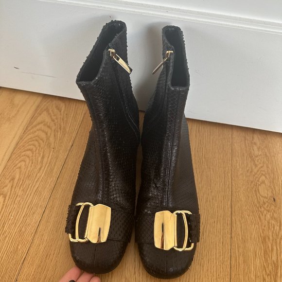 Tibi Wyatt Ankle Boots Black Snake Embossed Cowhide Leather Block Heels 39.5 - Picture 4 of 9